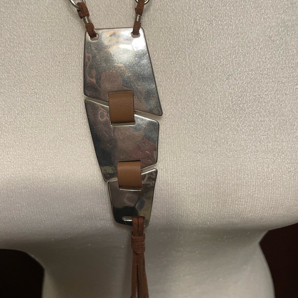 RLM SoHo Silvertone and Leather Y Boho Funky Statement Long Necklace - Picture 2 of 6